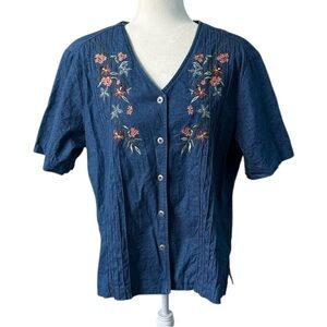 Alfred Dunner Vintage Chambray Denim Embroidered Button Front Top Size 14